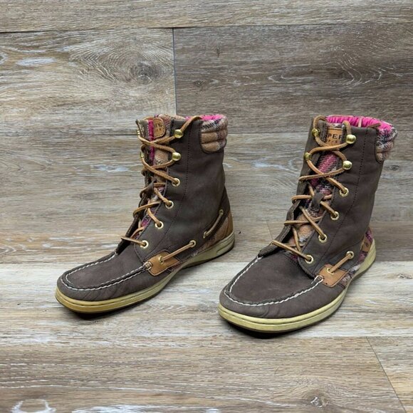 Sperry Shoes - Sperry Hikerfish Brown Leather Pink Plaid Boots Women's Size 9